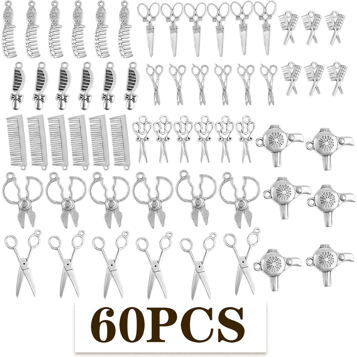 60pcs 10 Styles Hairdresser Charms Collection Hair Stylist Charms Pendant Scissor Comb Hairdressing Tools for DIY Necklace Bracelet Jewelry Making