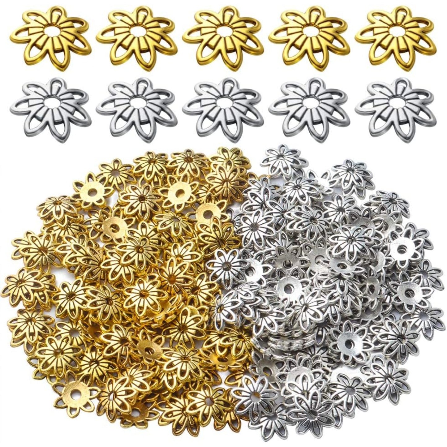 200pcs 10mm Filigree Flower Bead Caps, Alloy, Antique Gold & Silver, DIY Bracelet Earring Jewelry Making