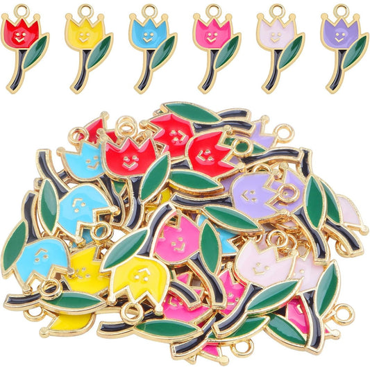 30pcs KC Golden Plated Enamel Roseflower Charms Alloy Little Valentine Romantic Flower Shape Dangle Pendants for DIY Necklace Earrings Jewelry Making Craft Decoration, 6 Colors