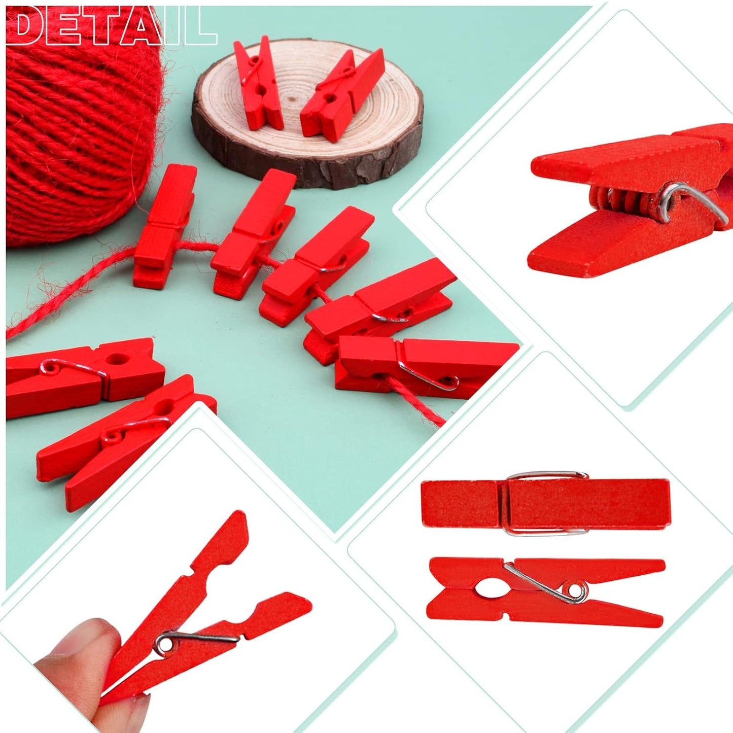 50 Pieces Red Wooden Clothespins Photo Paper Clips Mini Laundry Peg Pins with 50 Meters Twine for DIY Crafts Christmas Wedding Party Decoration