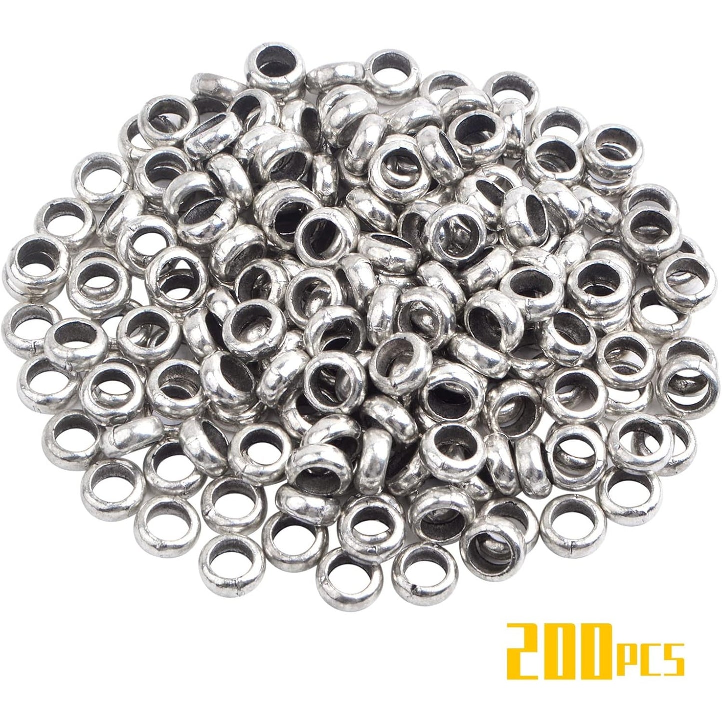 200pcs Antique Silver Large Hole Round Spacer Beads Tibetan Alloy Rondelle Spacer Beads Tiny Smooth Loose Beads for DIY Bracelet Necklace Jewelry Craft Making, Hole: 4.5 mm