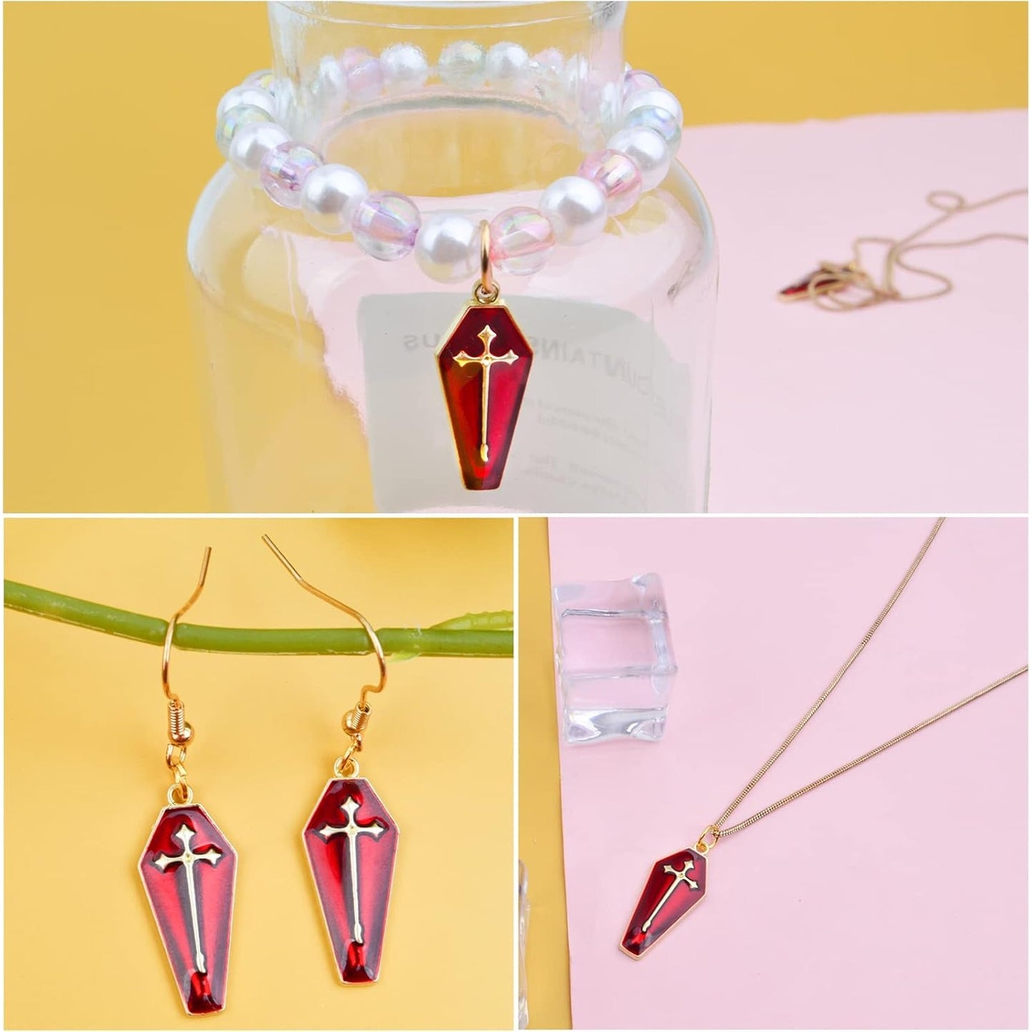 20 Pieces Red Enamel Cross Charms Halloween Theme Coffin with Cross Dangle Pendants for DIY Bracelet Necklace Jewelry Making Party Decor