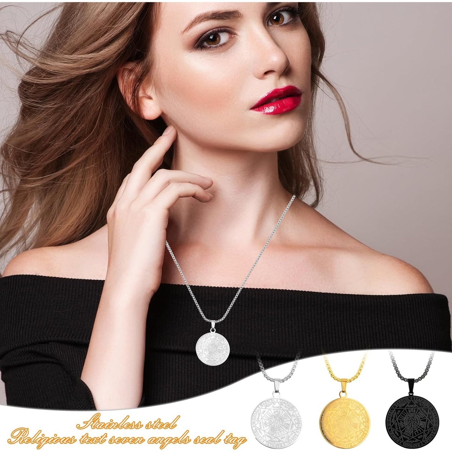 3pcs Archangels Pendant Necklaces - Stainless Steel Seven Princes of Heaven Seal of the Archangel Michael Coin Pendant Medal with Chain for Men and Women Protection Amulet