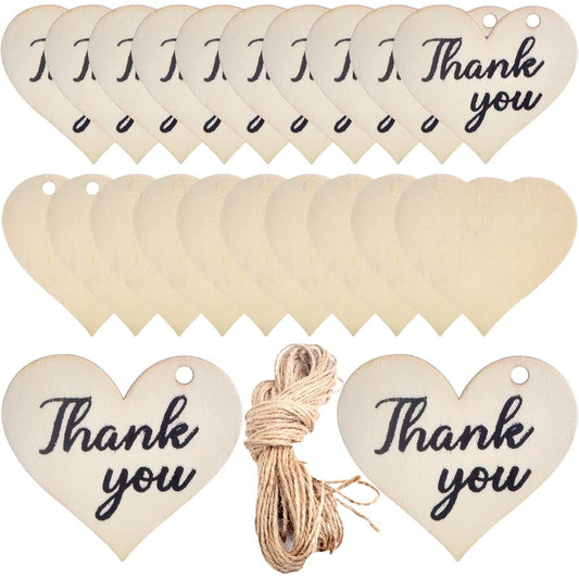 50pcs Heart Shape Wooden Slices Unfinished "Thank You" Wood Pieces Heart Wooden Gift Tags with Hole Hanging Ornaments with Twine for Party Christmas Valentine's Day Decoration