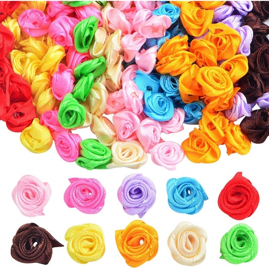 200pcs Mini Satin Ribbon Roseflowers Multicolor Fabric Flowers Cute Satin Roses Embellishments Small Rosettes Applique for Sewing Crafts Wedding Gift Wrapping Decor