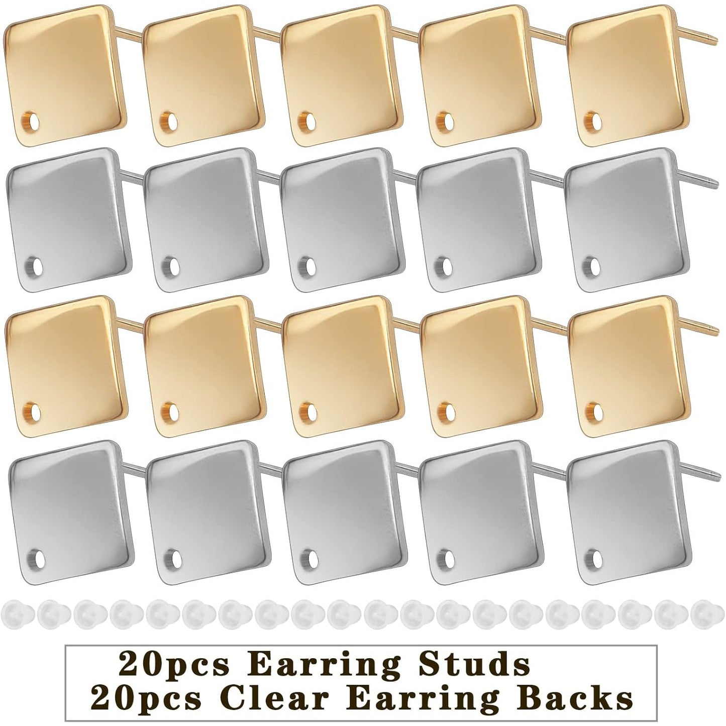 20pcs 2 Colors Rhombus Stud Earrings Stainless Steel Square Ear Studs Earring Post with Loop and 20pcs Silicone Earring Backs Replacements for Jewelry Making Supplies