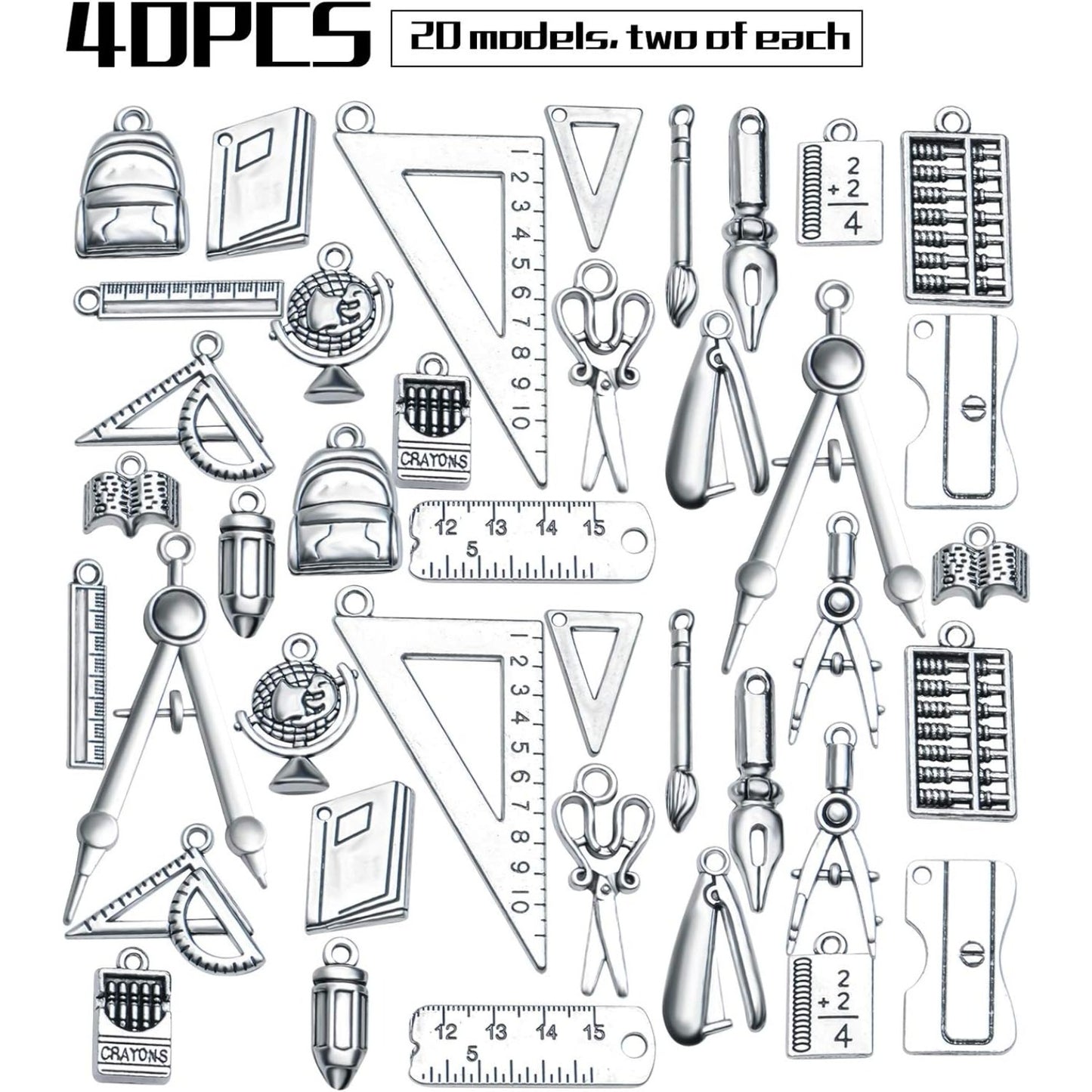 40pcs Craft Supplies Antique Silver Alloy School Teacher Charms Pendant Ruler Pencil Compasses Charm Pendants for DIY Jewelry Making Crafting Findings Accessory