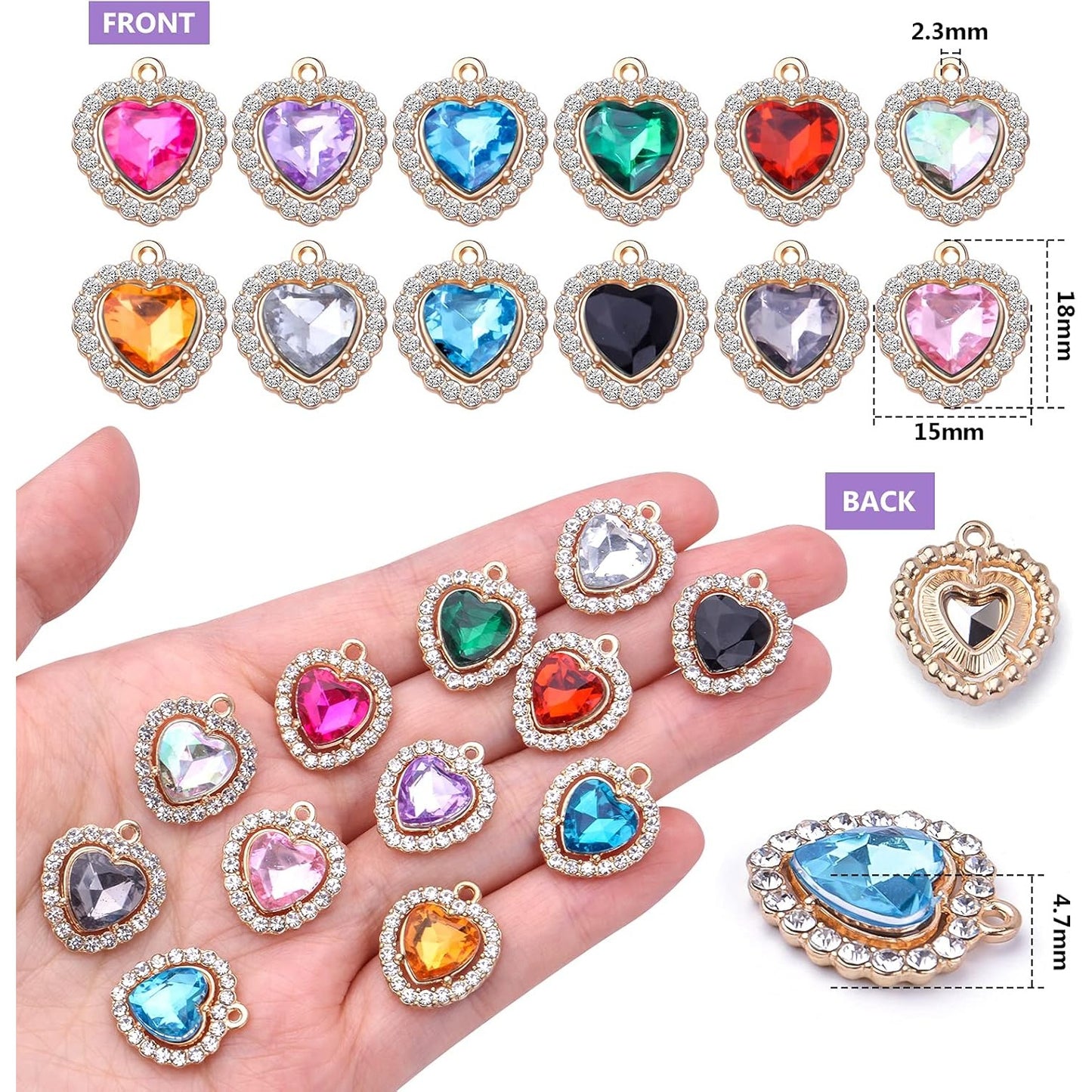 24pcs 12 Colors Rhinestone Heart Charms Cubic Zirconia Alloy Crystal Beads Pendants Charms for DIY Earrings Necklace Bracelet Crafts Jewelry Making Tiny Dangle Accessories