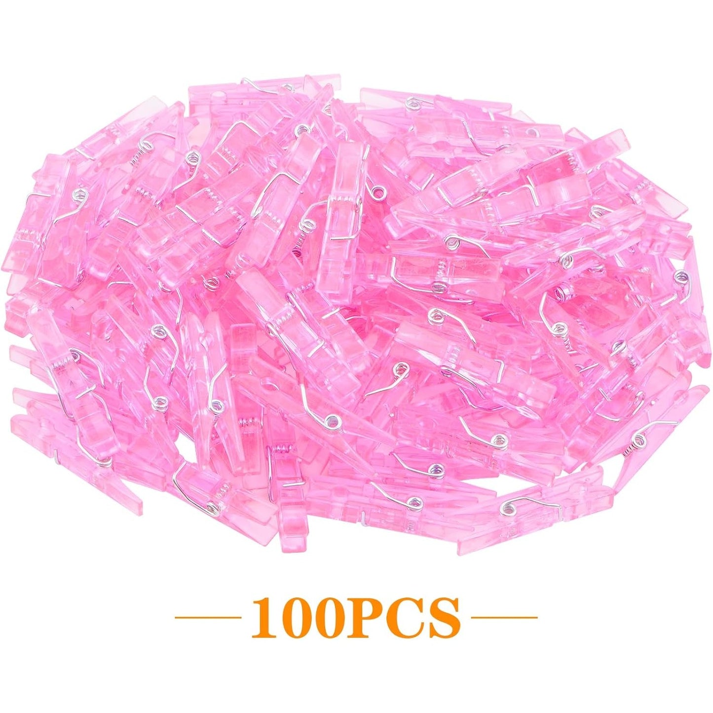 100 Pieces Clear Plastic Clothespins Mini Transparent Craft Clips Pictures Paper Peg Pins for Hanging Photos String Fairy Lights Wedding Party Decor, Pink