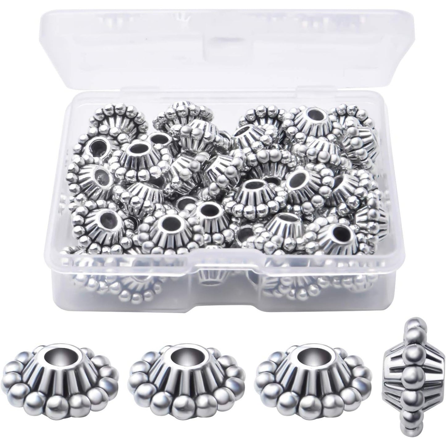 50pcs 11mm Antique Silver Flower Spacer Bead Tibetan Alloy Spacers European Large Hole Beads Jewelry Spacer Charm with A Box for Bracelet DIY Crafts Jewelry Making