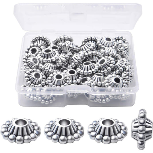 50pcs 11mm Antique Silver Flower Spacer Bead Tibetan Alloy Spacers European Large Hole Beads Jewelry Spacer Charm with A Box for Bracelet DIY Crafts Jewelry Making