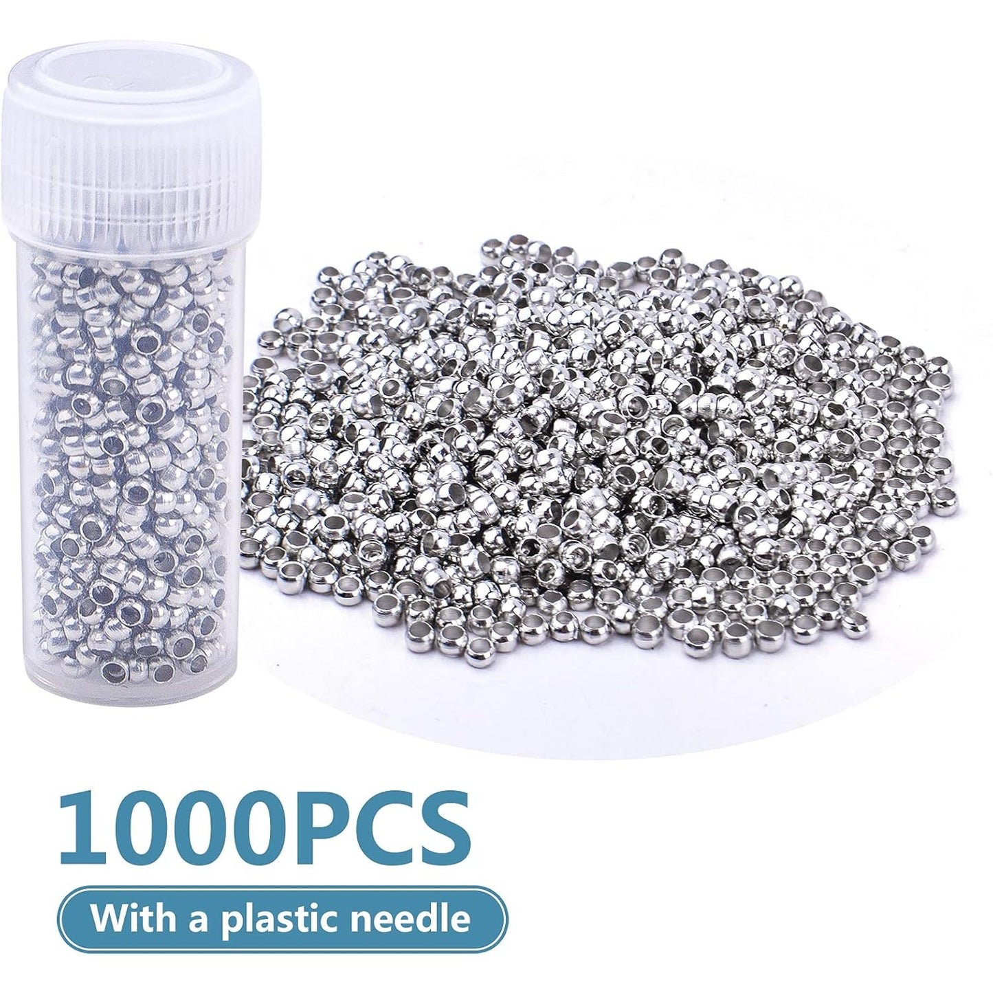 1000pcs 2mm Round Crimp Beads Stainless Steel Loose Spacer Stoppers Beads Ends Caps and 1pcs Plastic Box for Jewelry Making Bracelets Necklace, Hole : 1.6mm