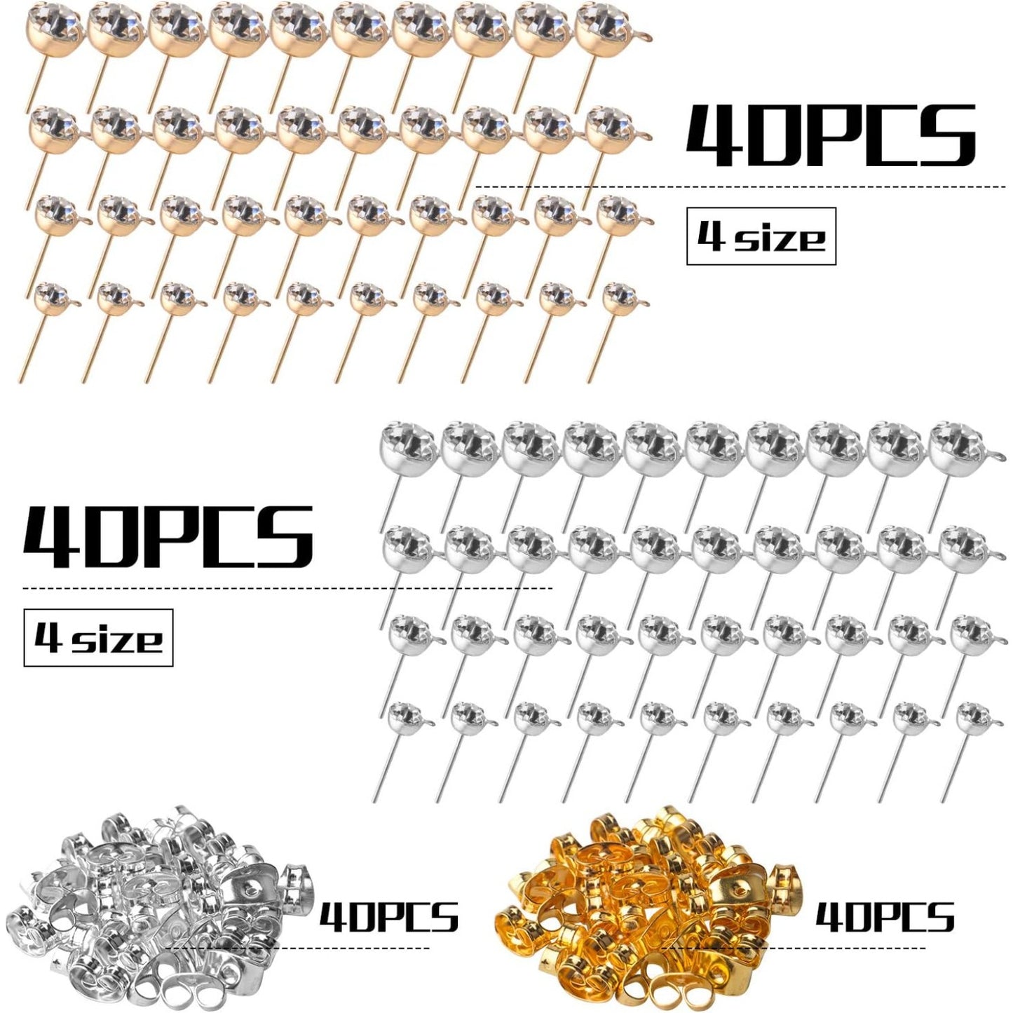 80pcs Rhinestone Hypoallergenic Earring Posts Stud Earrings with Loop and 80pcs Butterfly Ear Back Earrings for DIY Earring Jewelry Making Findings, 4 Sizes
