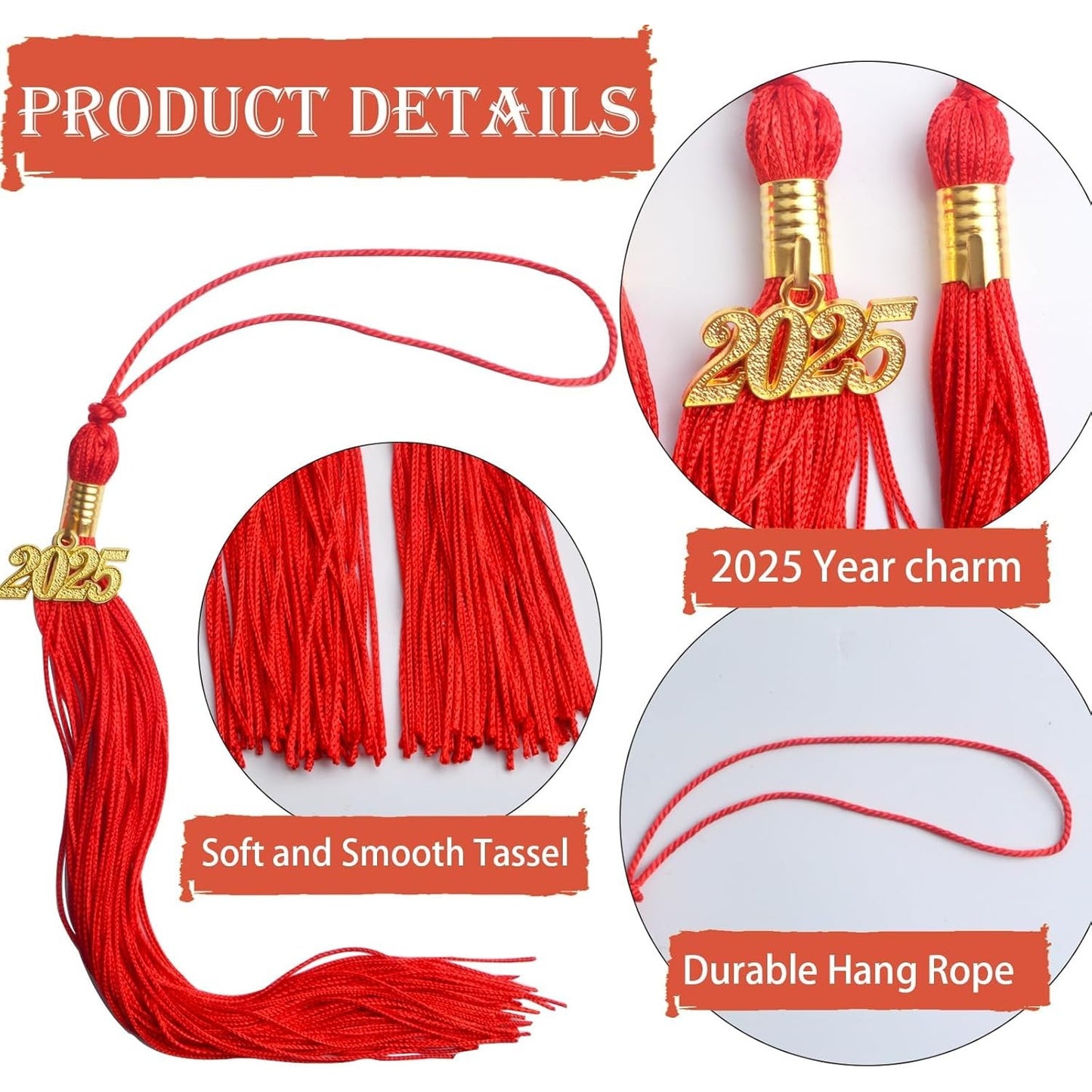 10pcs Graduation Tassels Red Handmade Tassel Grad Cap Decorations with 10pcs Golden 2025 Year Date Charms for 2025 Graduates Graduation Hats Ceremonies Parties Celebrations