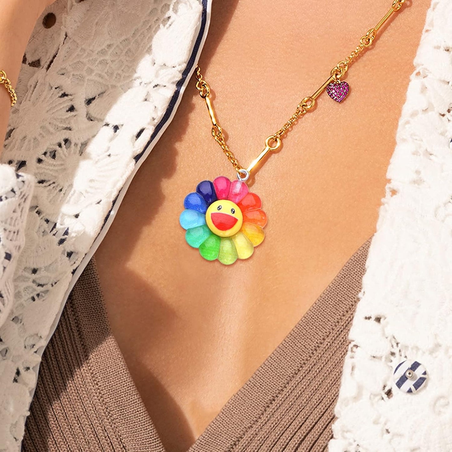 20pcs Colorful Smiley Sunflower Charms Resin Rainbow Smiling Face Flower Pendants Sunflower Beads Charm Collection Crafts for DIY Bracelet Necklace Earring Jewelry Making