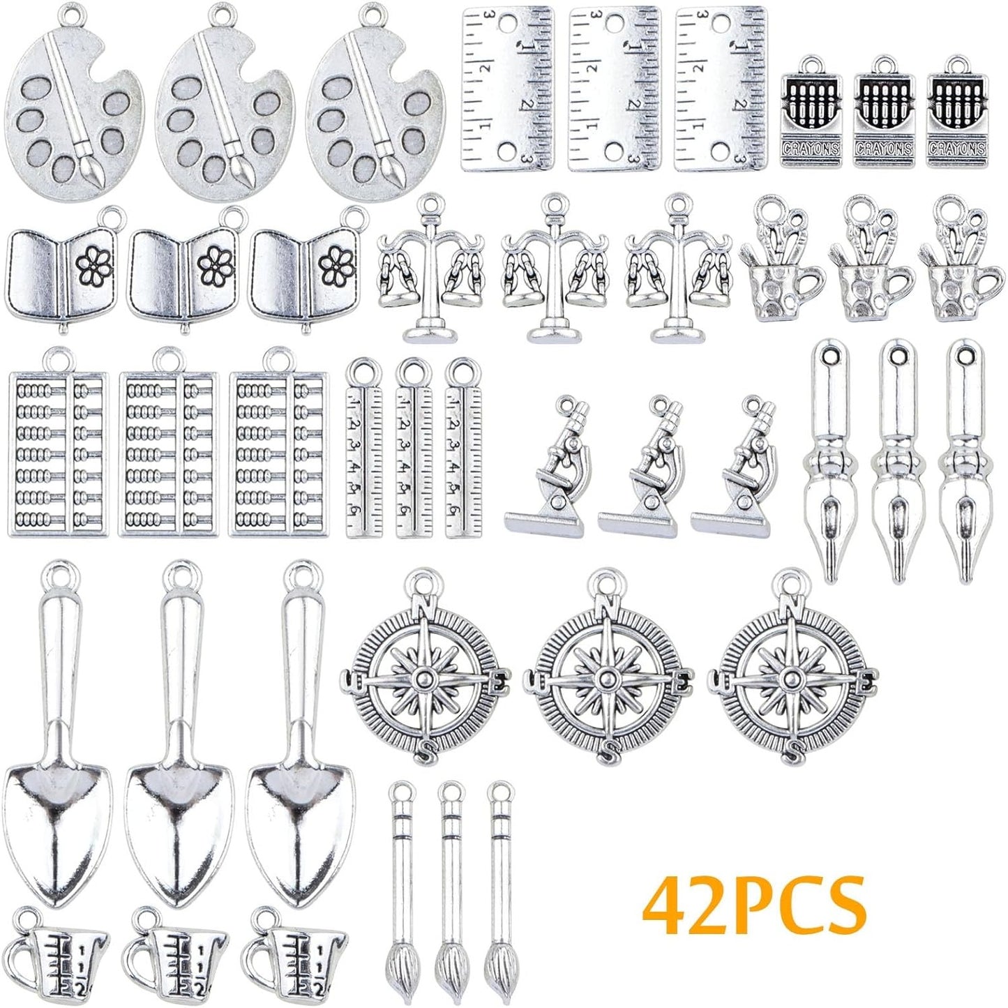 42pcs Antique Silver School Theme Charms Tibetan Alloy Mixed Ruler Writing Brush Pen Abacus Compasses Pendants Study Supplies for DIY Crafts Jewelry Making, 14 Styles