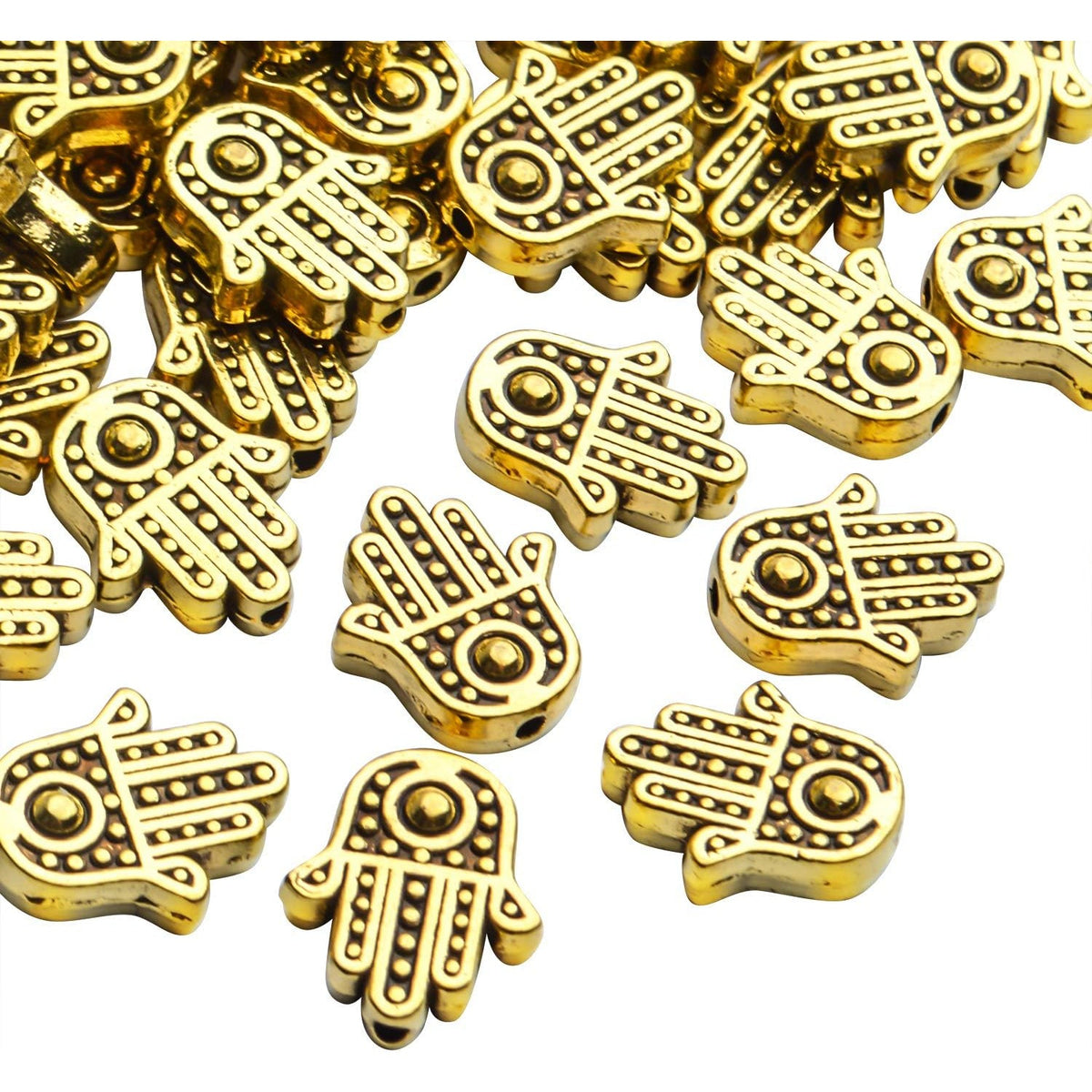 Hamsa Hand Beads, 100pcs Tibetan Alloy Fatima Hand Charms Bead Frames Spacers Craft Supplies for DIY Necklace Bracelet Jewelry Making, 12x10mm, Antique Golden
