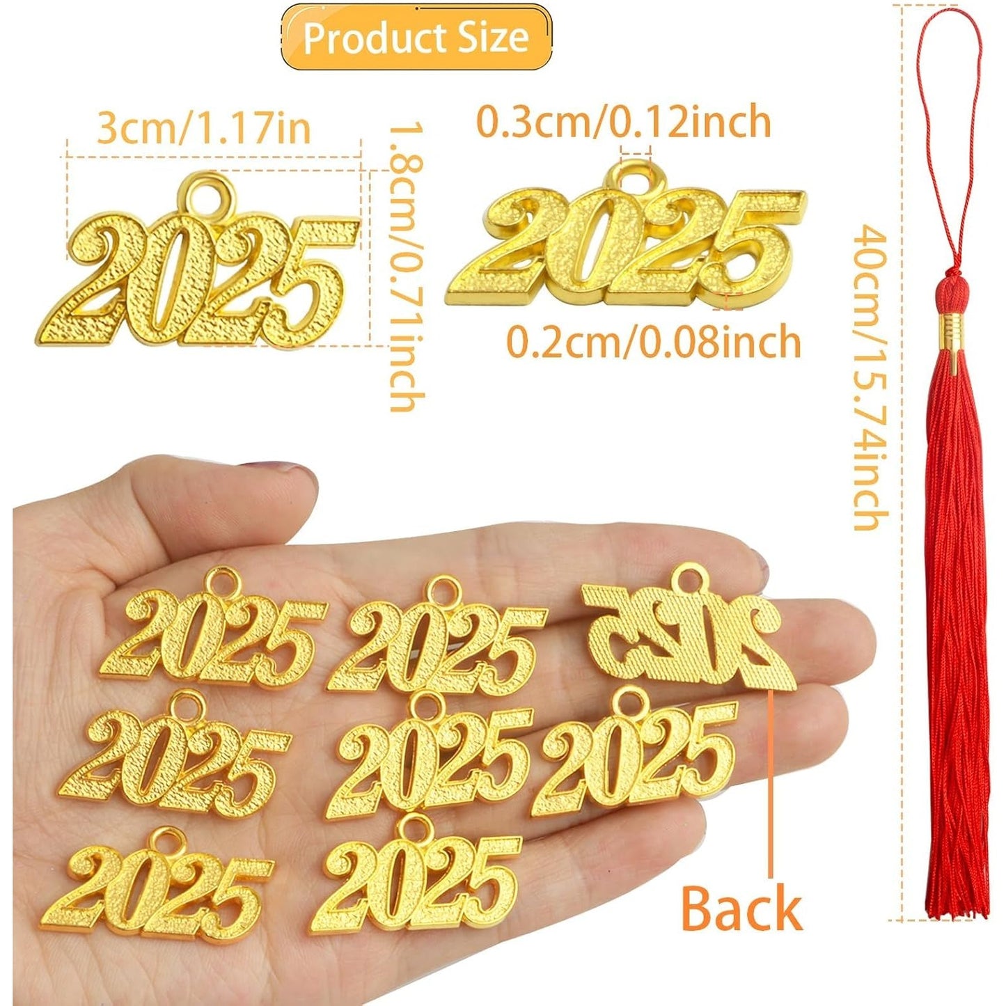 10pcs Graduation Tassels Red Handmade Tassel Grad Cap Decorations with 10pcs Golden 2025 Year Date Charms for 2025 Graduates Graduation Hats Ceremonies Parties Celebrations