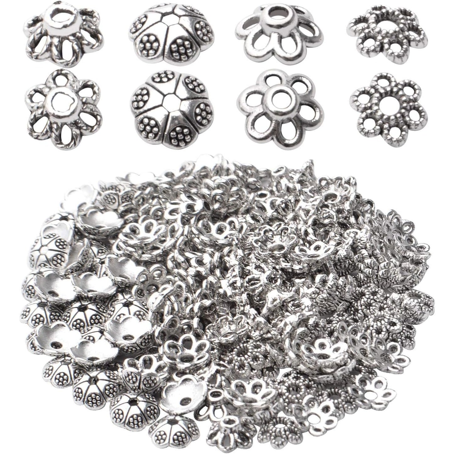 200pcs Antique Silver Flower Bead Caps Alloy Tibetan Style Bead End Caps Spacer Cap Beads Jewelry Caps for Bracelet Necklace Earrings Jewelry Making Supplies, 4 Styles