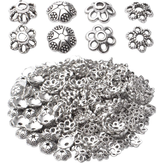 200pcs Antique Silver Flower Bead Caps Alloy Tibetan Style Bead End Caps Spacer Cap Beads Jewelry Caps for Bracelet Necklace Earrings Jewelry Making Supplies, 4 Styles