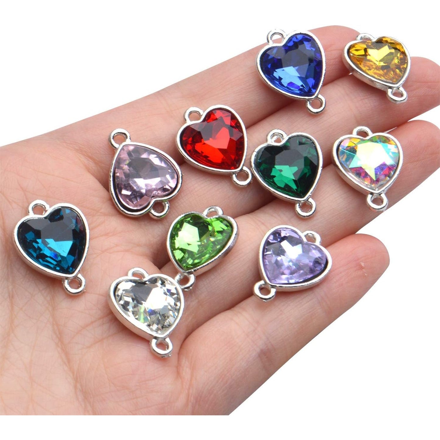 Crystal Birthstone Pendants, 20pcs Mixed Colors Heart Crystal Birthstone Charms Glass Gemstone Pendants Flat Round Glass Links Charms with Double Loop Bail Connectors for Jewelry Making