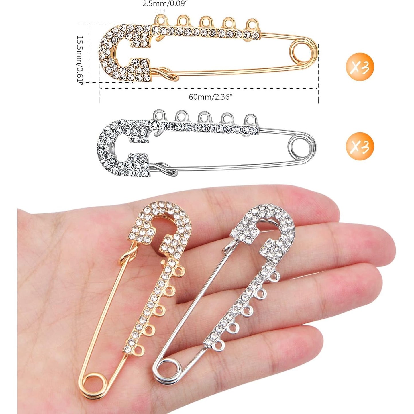 6pcs Rhinestone Safety Pins Brooches Shiny Sweater Shawl Clips Crystal Brooch Pins Accessories,2 Colors
