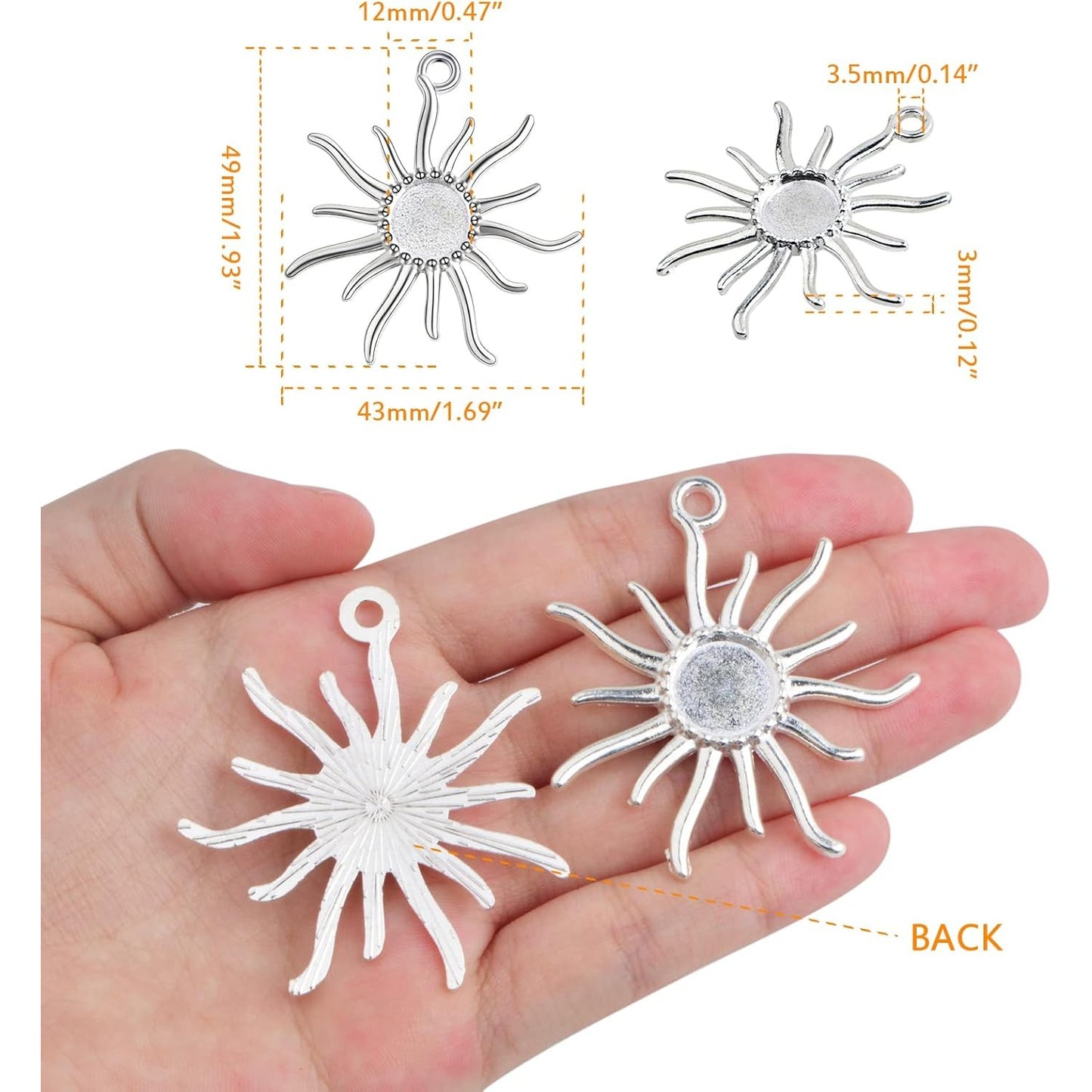 20pcs 12 mm Sun Blank Round Pendant Trays Tibetan Alloy Sun Flower Flat Round Cameo Base Bezel Tray Charms for DIY Necklace Earrings Jewelry Making Findings, Bright Silver