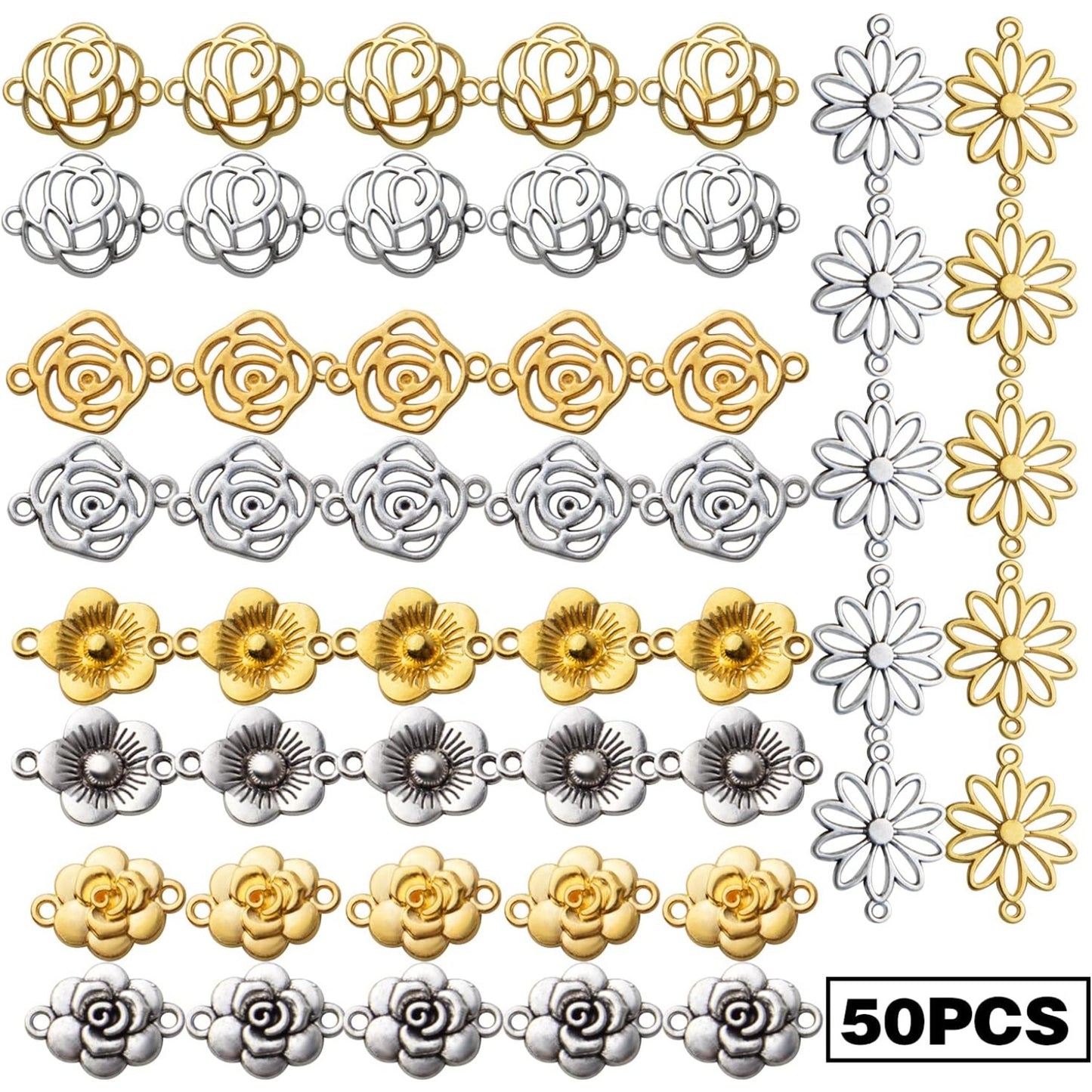 50pcs Flower Jewelry Connectors - Alloy Pendants, 5 Styles for DIY Necklace & Bracelet Making
