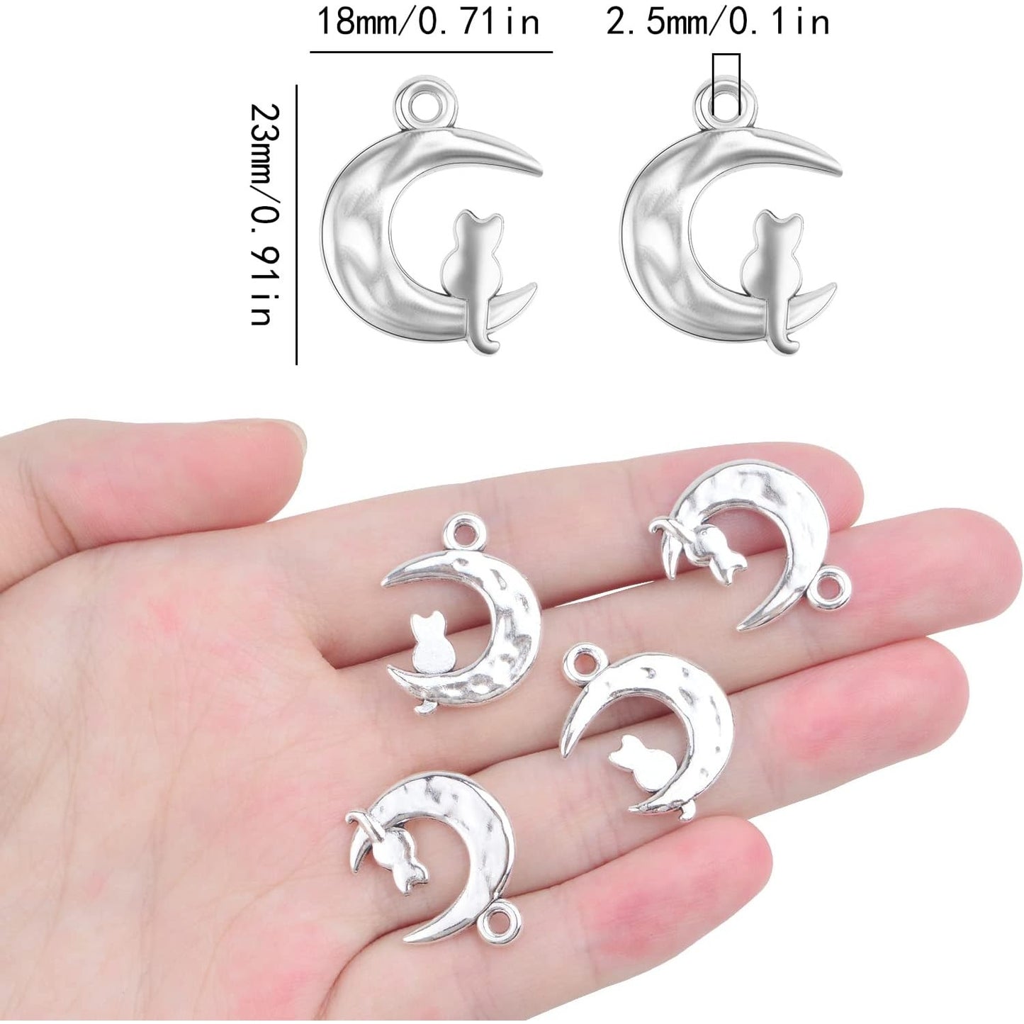 50pcs Antique Silver Crescent Moon with Cat Shape Charms Tibetan Alloy Cat On Moon Pendants Half Moon Celestial Dangle Charms for DIY Necklace Bracelet Earrings Jewelry Making