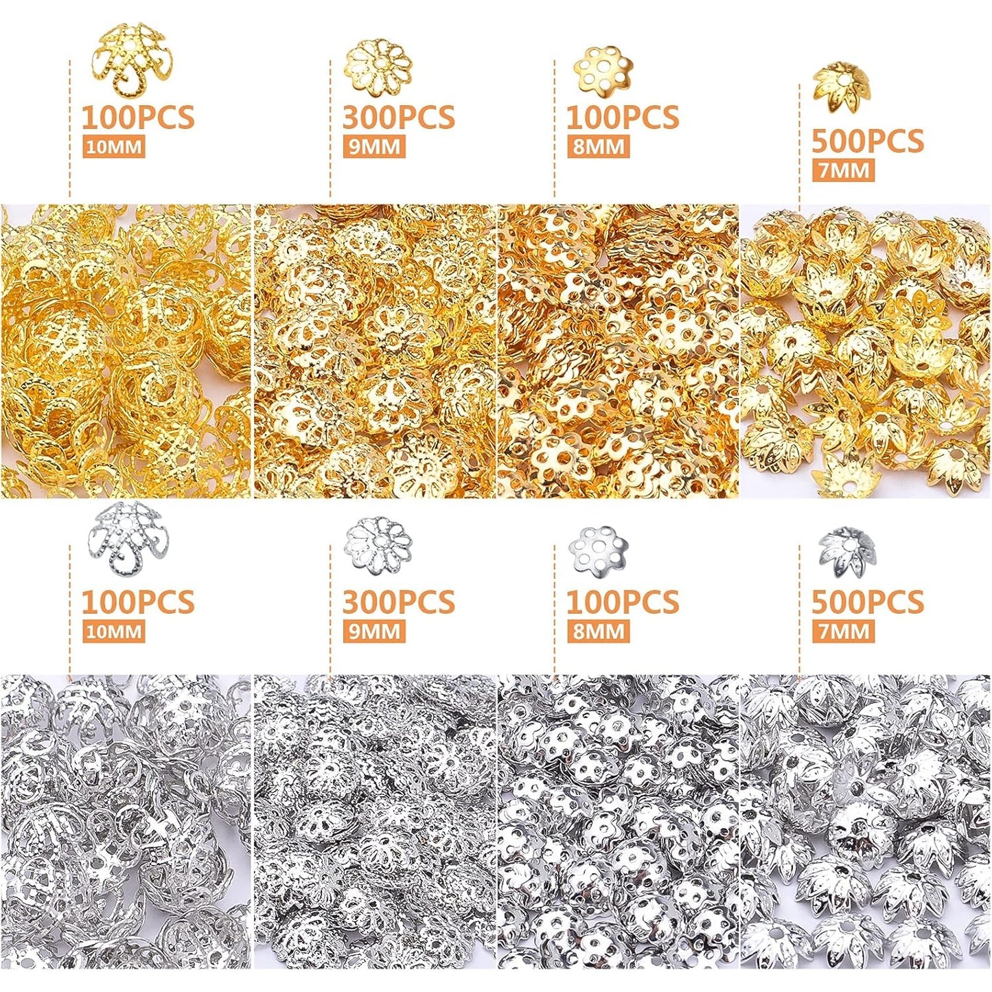2000pcs Filigree Flower Bead Caps Alloy Hollow Spacer Beads Caps for DIY Charm Bracelet Earrings Craft Jewelry Making Supplies Birthday Christmas Party Favor Gifts, 4 Styles, 2 Colors
