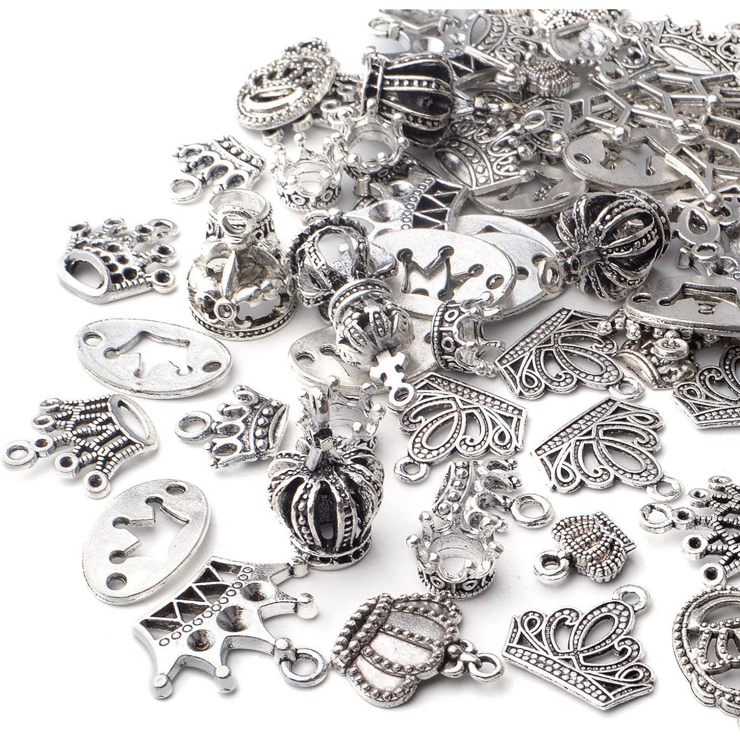 100g Antique Silver King Crown Charms Alloy Crown Pendant Charms Mixed Styles Jewelry Crown Charms for DIY Bracelet Jewelry Making Crafts Supplies