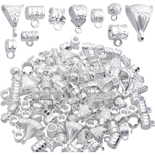 100g (About 120-170pcs) Mixed Bright Silver Bail Beads,Spacer Bead,Bail Tube Beads,Bracelet Charms,Necklace Pendants for Jewelry and Craft Making