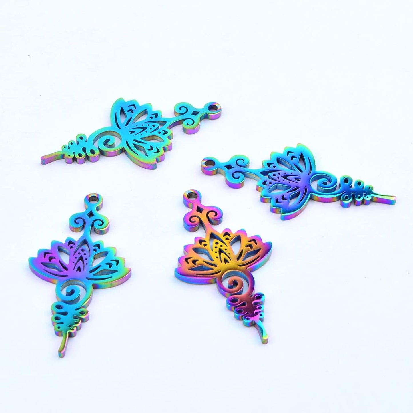 10pcs Stainless Steel Lotus Flower Charms Hollow Lotus Flower Sword Dangle Pendants Craft Supplies for DIY Necklace Bracelet Jewelry Making Findings, Rainbow Color