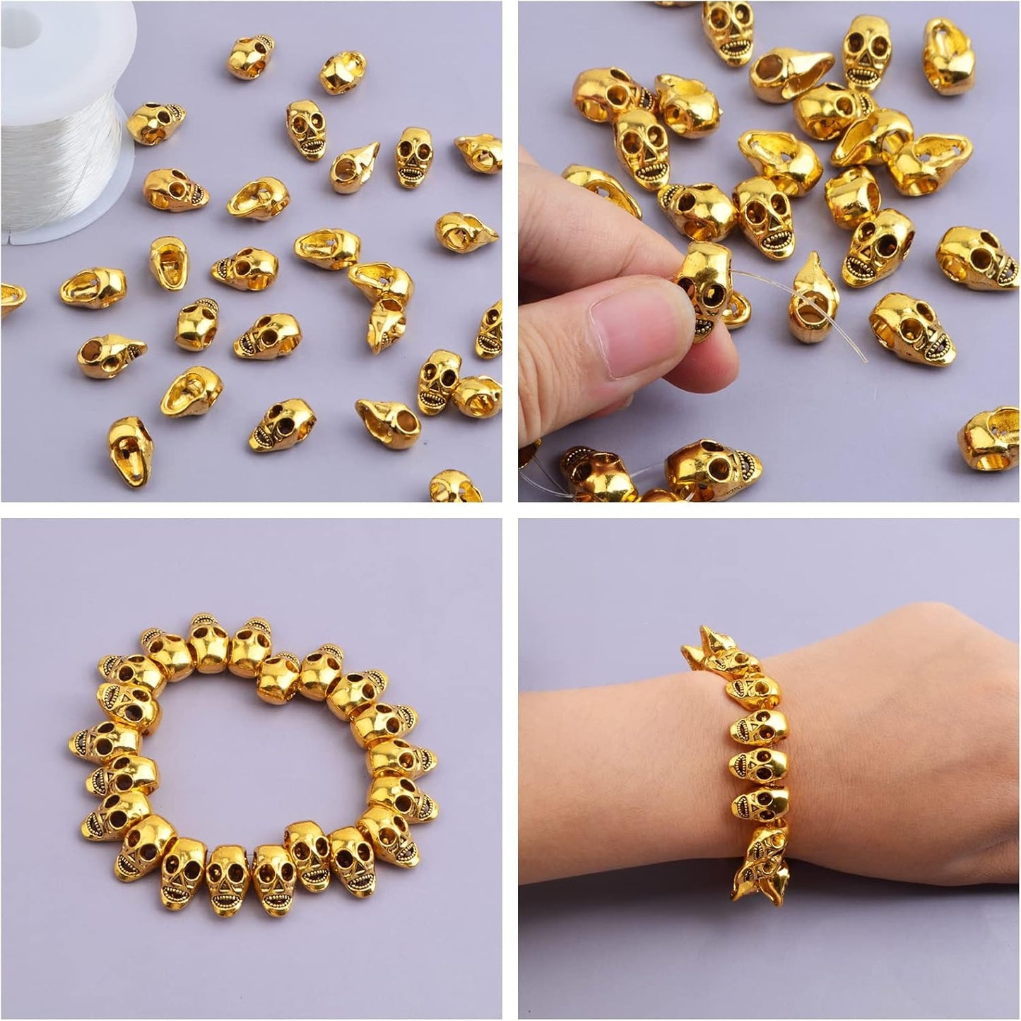 60pcs Antique Golden Large Hole Skull Beads Alloy Skeleton Skull Head Spacer Bead Loose Charm Beads Accessories for DIY Bracelet Necklace Jewelry Making Supplies