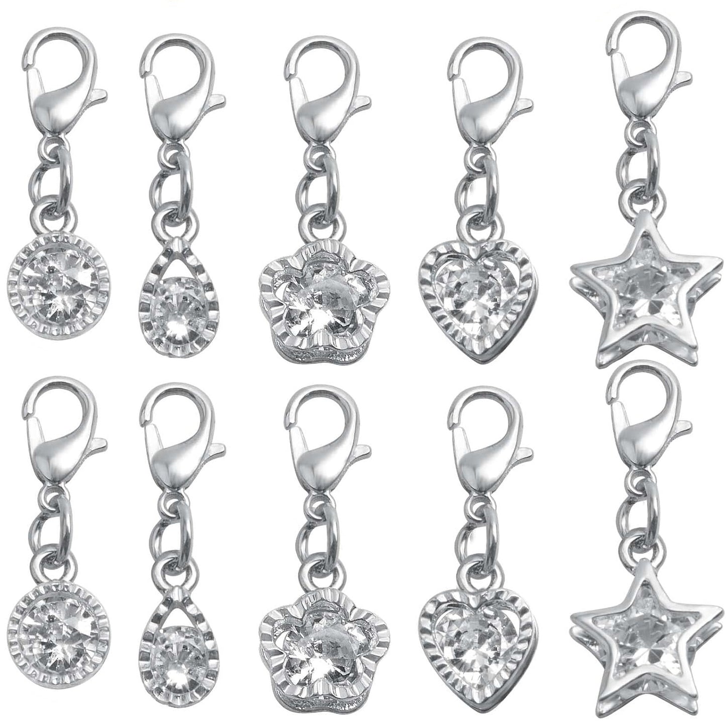 20pcs 2 Colors Cubic Zirconia Charms Metal Round Heart Star Plum Bossom Drop Shaped Pendants with Lobster Clasps for DIY Necklace Earrings Jewelry Making Supplies, 5 Styles