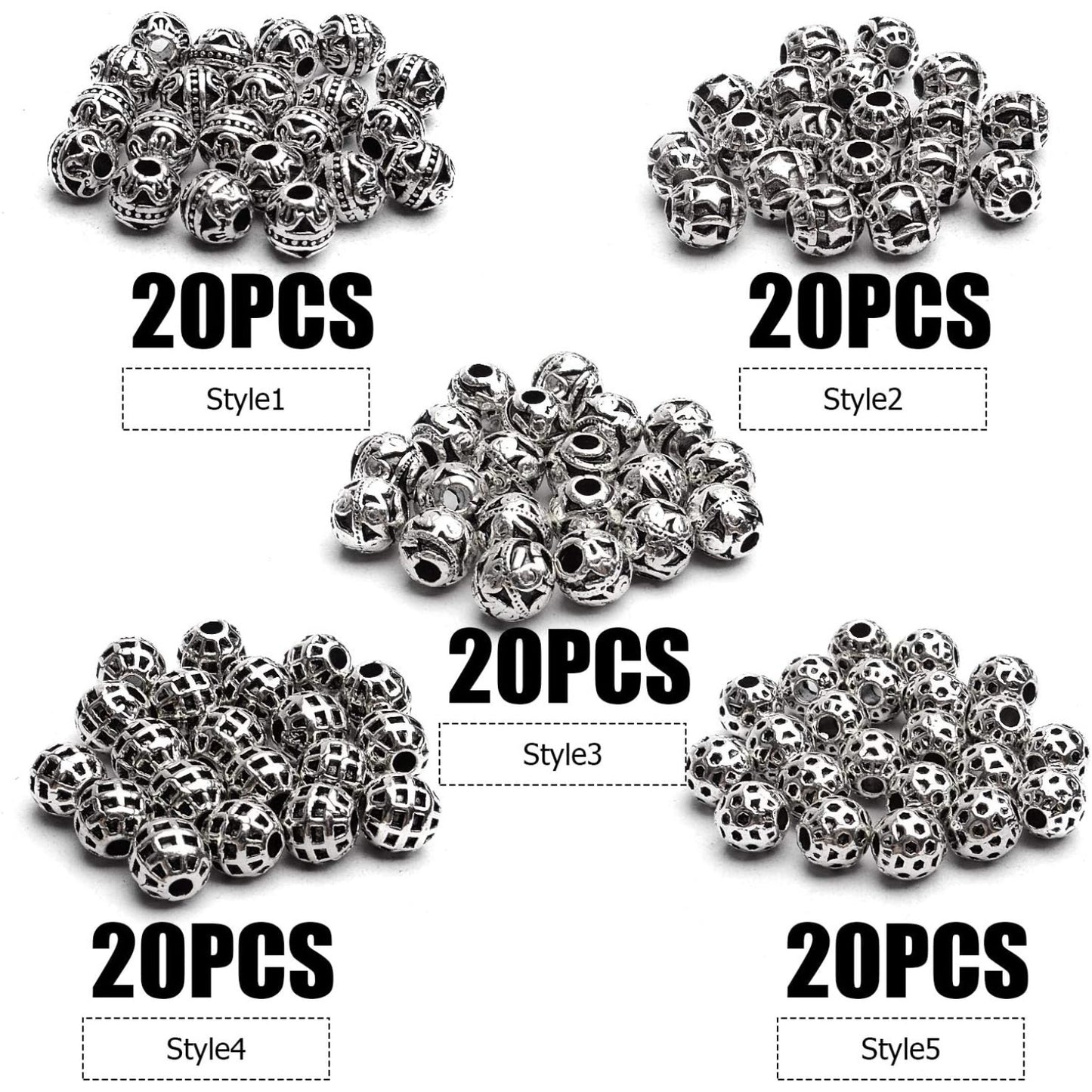 100pcs Tibetan Antique Silver Round Spacer Beads Hollow Spacer Charm Beads for Necklace Bracelet Crafts Jewelry Making,5 Styles