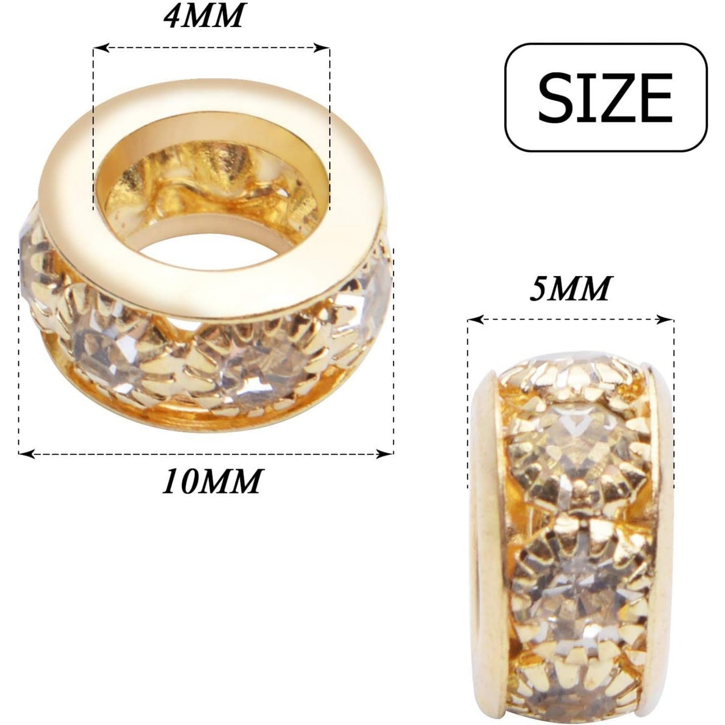 Large Hole Rhinestone Beads,40pcs 10mm Spacer Beads Crystal Pave Brass Beads Rondelle Beads Fit European Bracelet Snake Chain Jewelry DIY