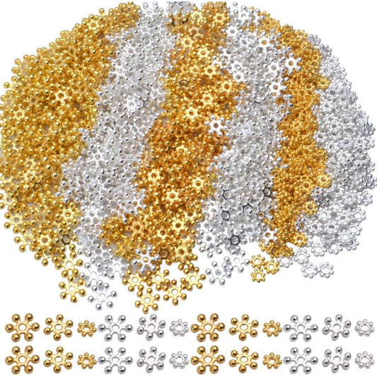 Jewelry Bead Charm Spacers, 600pcs 4mm/6mm/8mm Alloy Flower Jewelry Spacer Beads Metal Beads for DIY Bracelets Necklaces Jewelry Making, Silver and Gold