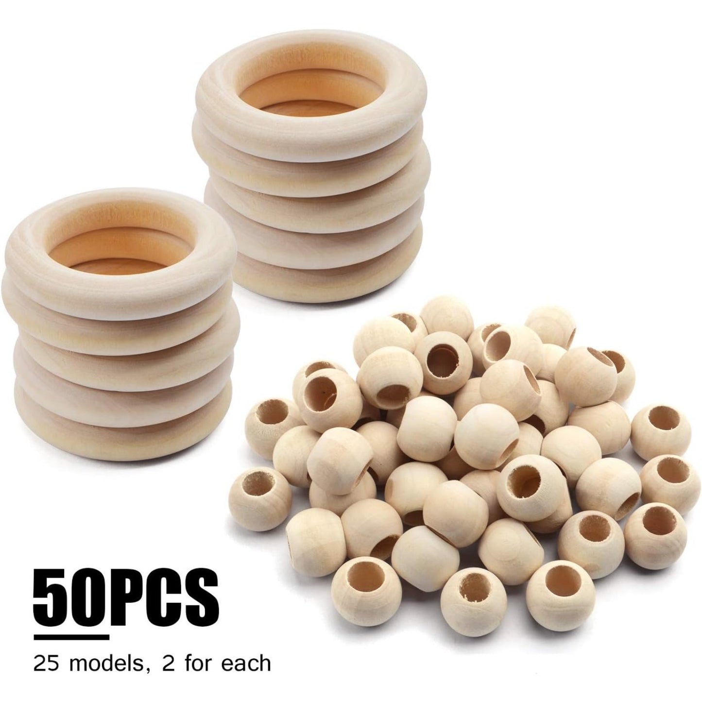 20Pcs Natural Wood Rings Wooden Hoop with 50Pcs Unfinished Wood Beads Wooden Loose Beads for DIY Pendant Connectors Jewelry Making Macrame Wall Hanging Craft