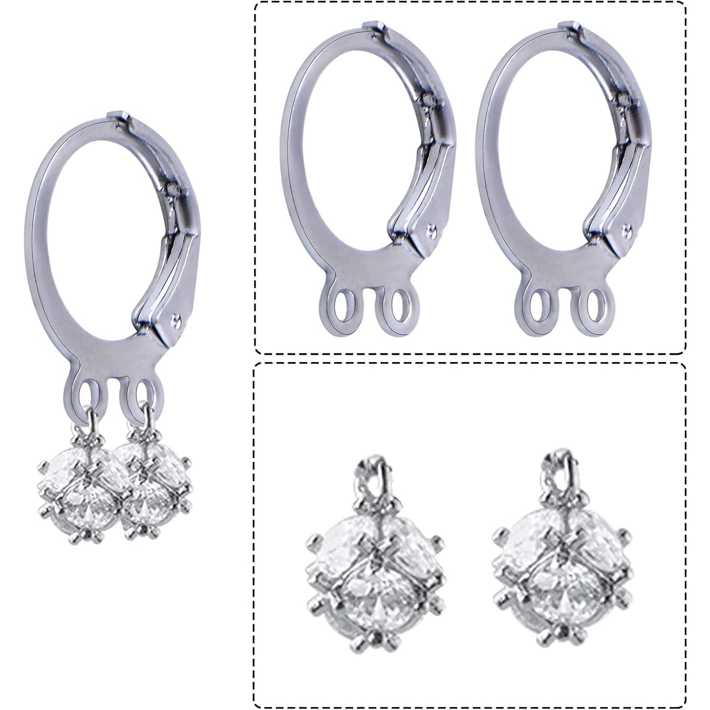 50pcs Hypoallergenic Round Earring Hooks Alloy Lever Back Earrings French Hook Dangle Ear Wire with Double Open Loops for DIY Earring Designs Jewelry Making, Silver