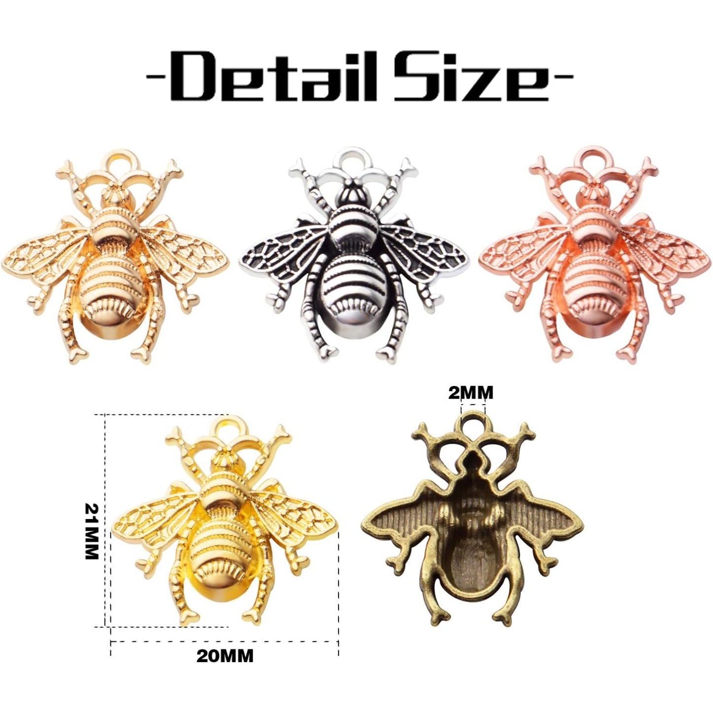 50pcs Alloy Bee Charms Honeybee Charm Pendants Insect Pendant for DIY Jewelry Craft Making Accessory,21mm×20mm,5 Colors