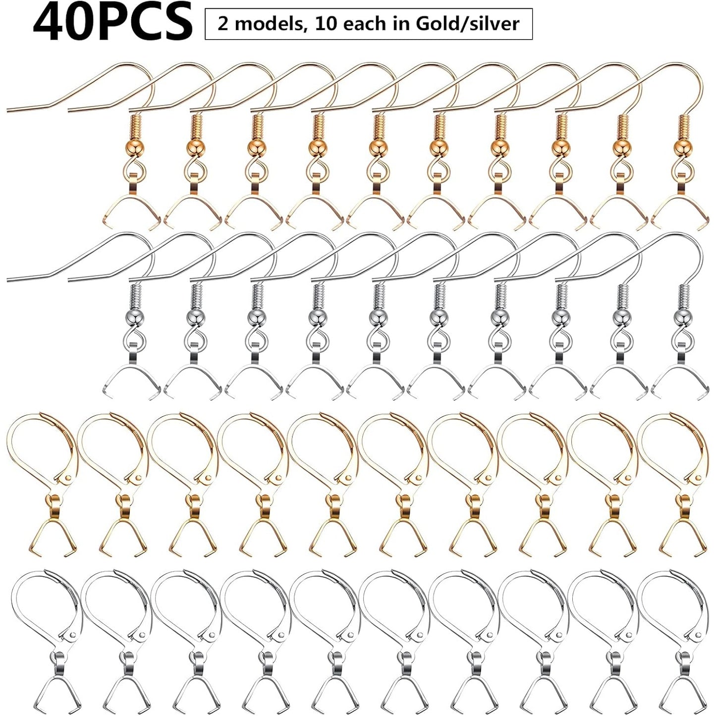 40pcs Stainless Steel & Gold Earring Hooks: French Fishhook & Leverback Styles, Wire Ear with Pendant Clasp for Jewelry Making