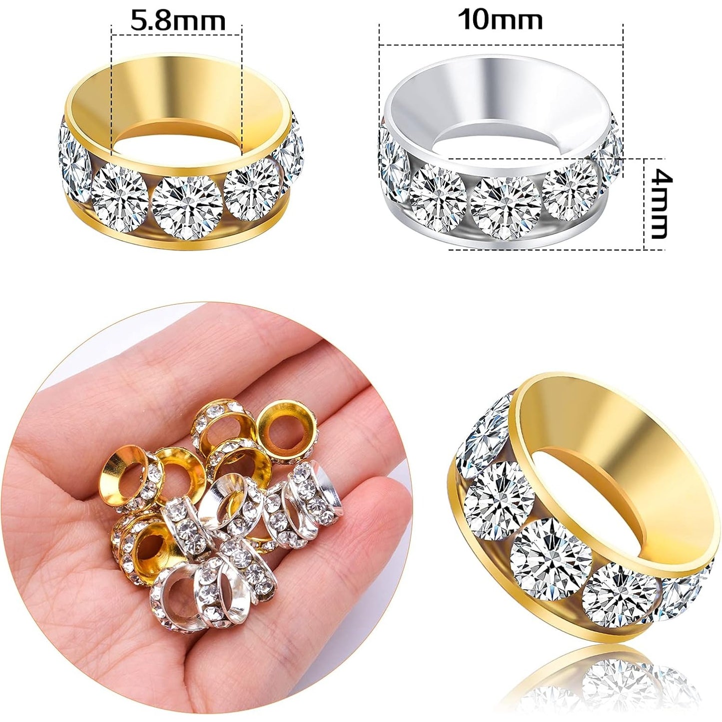 40pcs Crystal Rhinestone Spacer Beads Rondelle Loose Bead Brass European Large Hole Charm Beads for Necklaces Bracelets Crafts Jewelry Making Accessories, Golden and Silver