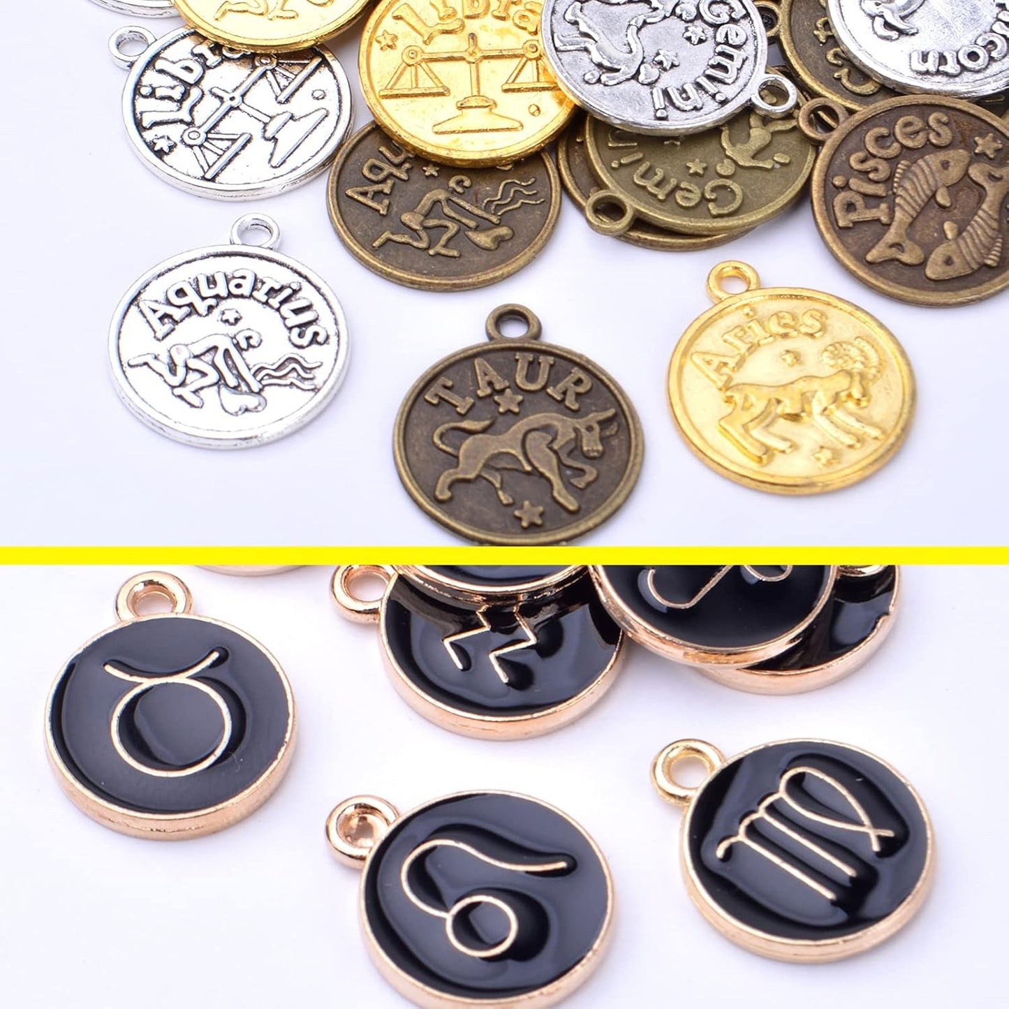 48pcs Zodiac Sign Charms, 36pcs Round 12 Constellation Pendants alloy Beads and 12pcs Gold Plated Enamel Zodiac Pendants for Jewelry Necklace Bracelet Earring, 4 colors