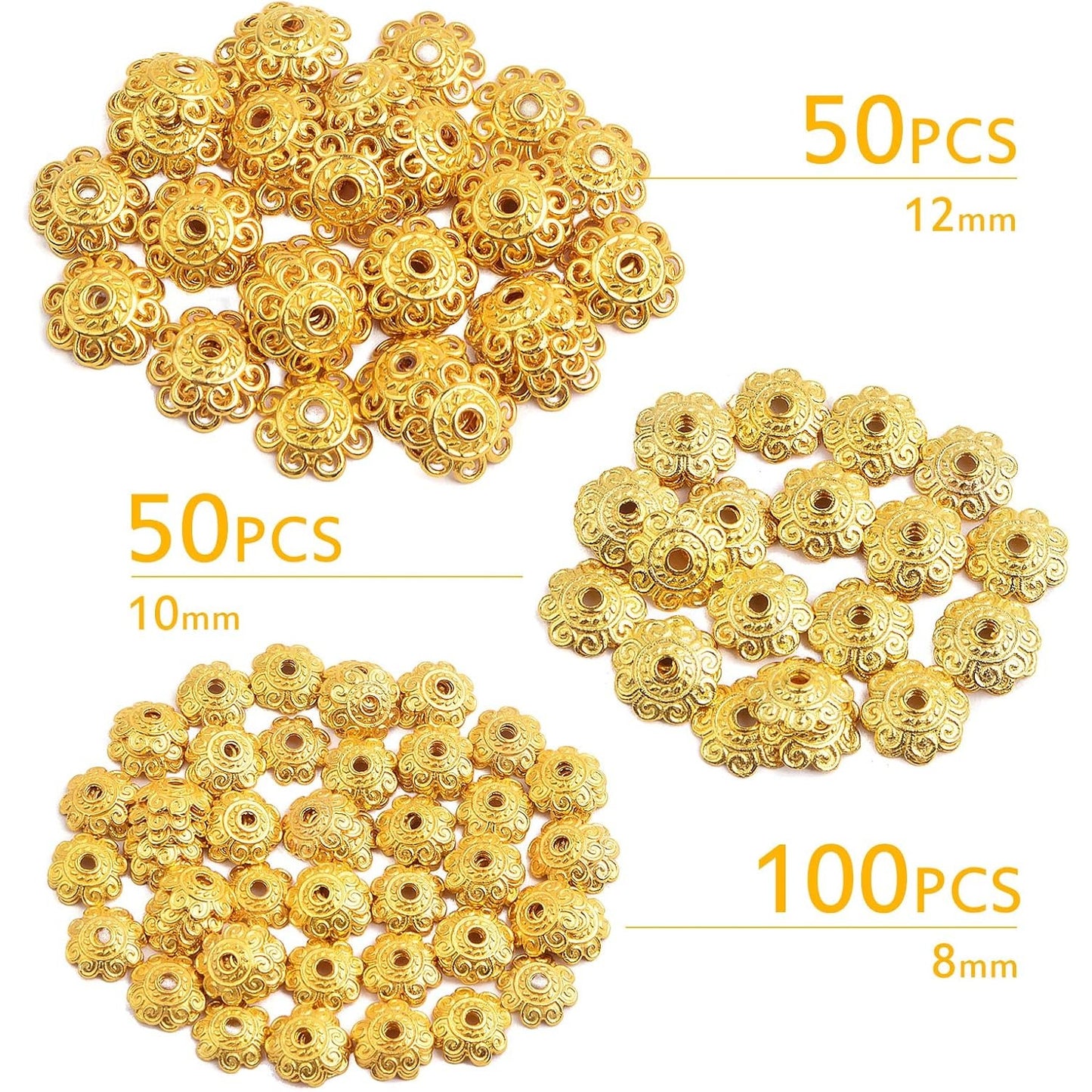 200pcs 8mm/10mm/12mm Tibetan Bead Caps Vintage Alloy Flower Bead End Caps Loose Spacer Beads Accessories for DIY Crafts Bracelet Necklace Jewelry Making, Bright Golden