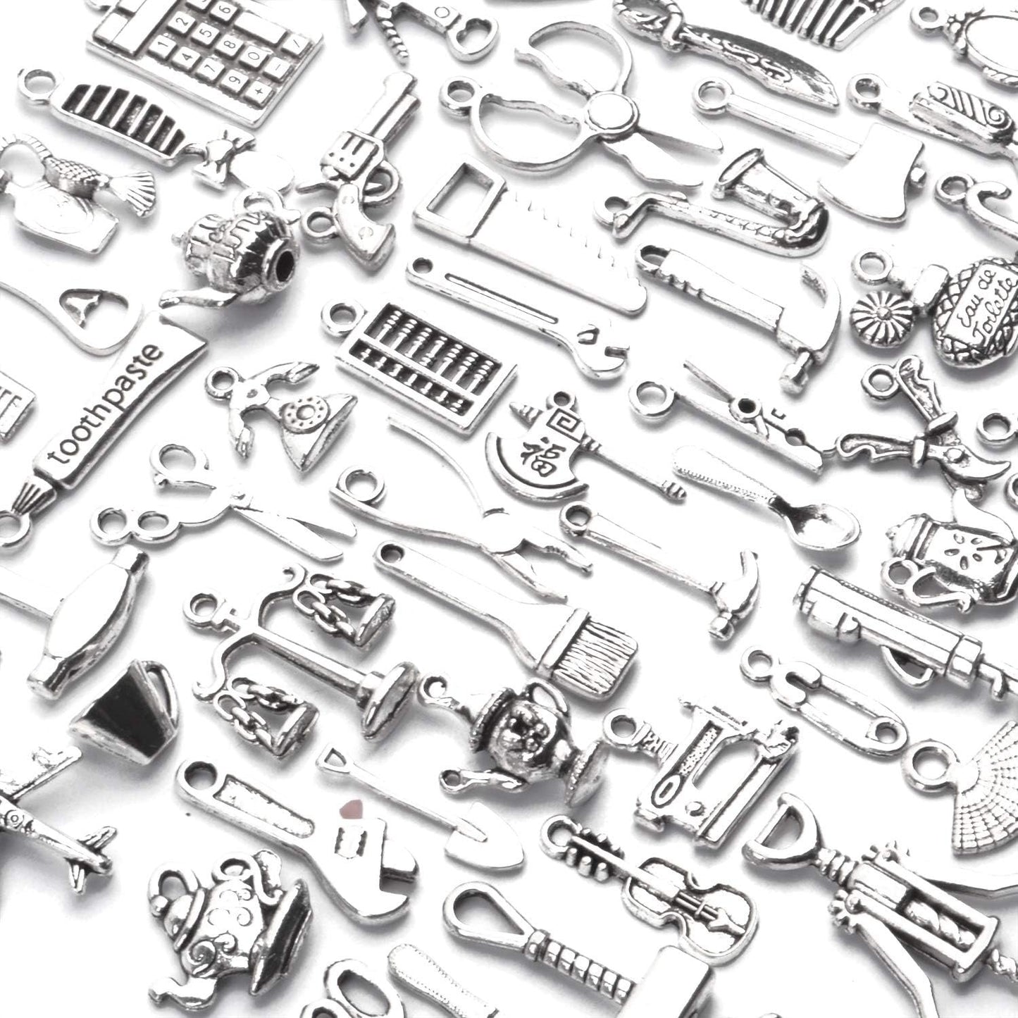 60pcs Silver Home Tools Charms Mixed Styles Vintage Pendants Jewelry Charm Connector Craft Supplies for DIY Necklace Bracelet Making and Crafting