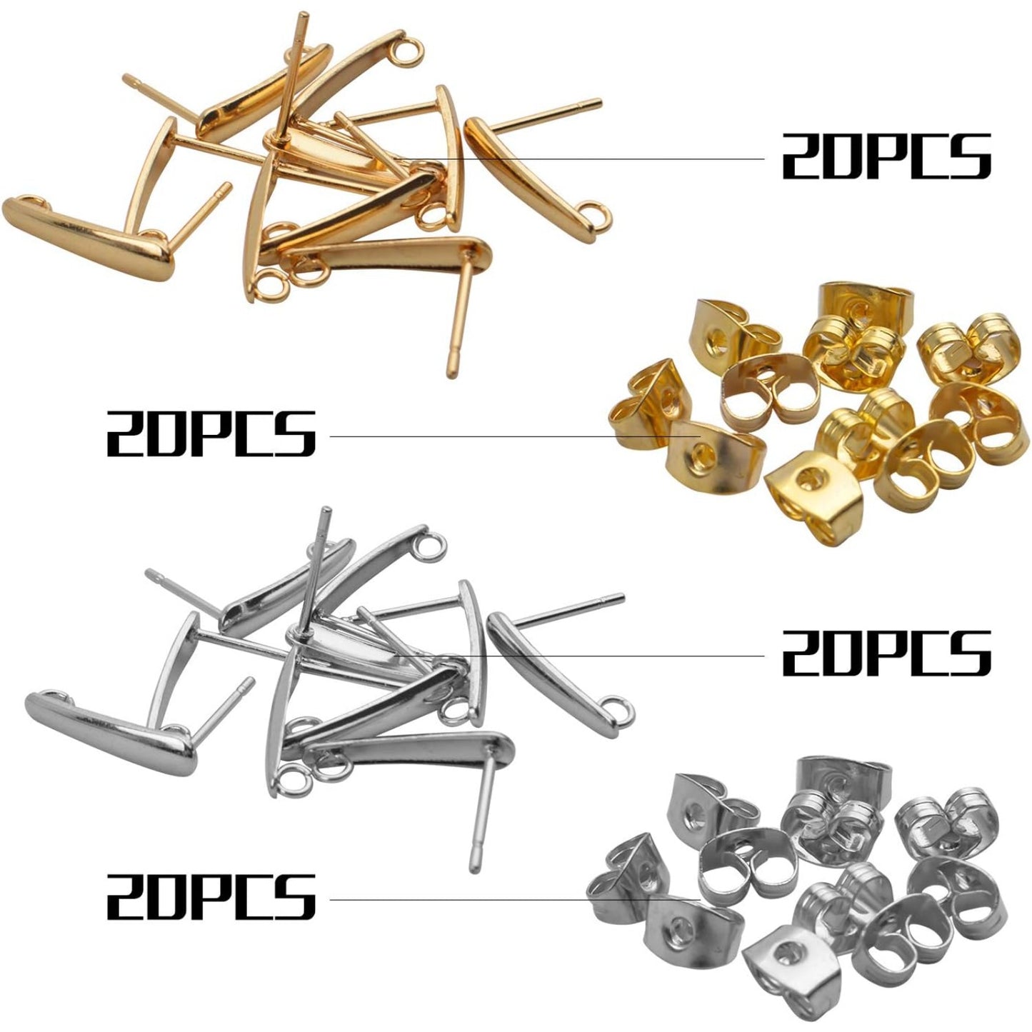 20pcs Stainless Steel Earring Hooks Findings Ear Piercing Studs Earring Bars with Loop and 20pcs Soft Earring Backs for Jewelry Making,Gold and Silver