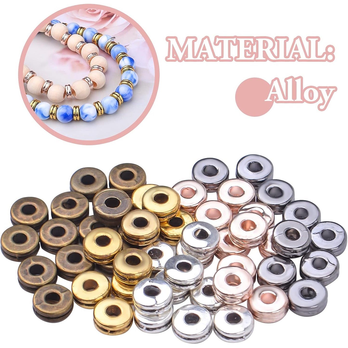 Metal Spacer Beads,200pcs Flat Round Disc Rondelle Spacer Beads Metal Rondelle Beads Spacers for Jewelry Making(6mm) - Silver and Golden