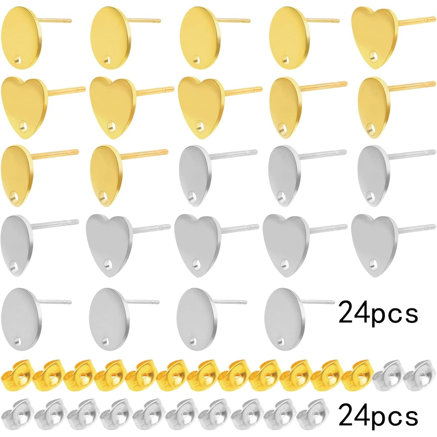 24pcs 3 Styles Stainless Steel Earring Posts with Loop Blank Round Heart Teardrop Shape Stud Earrings and 24pcs Butterfly Earring Backs for DIY Jewelry Making Supplies, 2 Colors