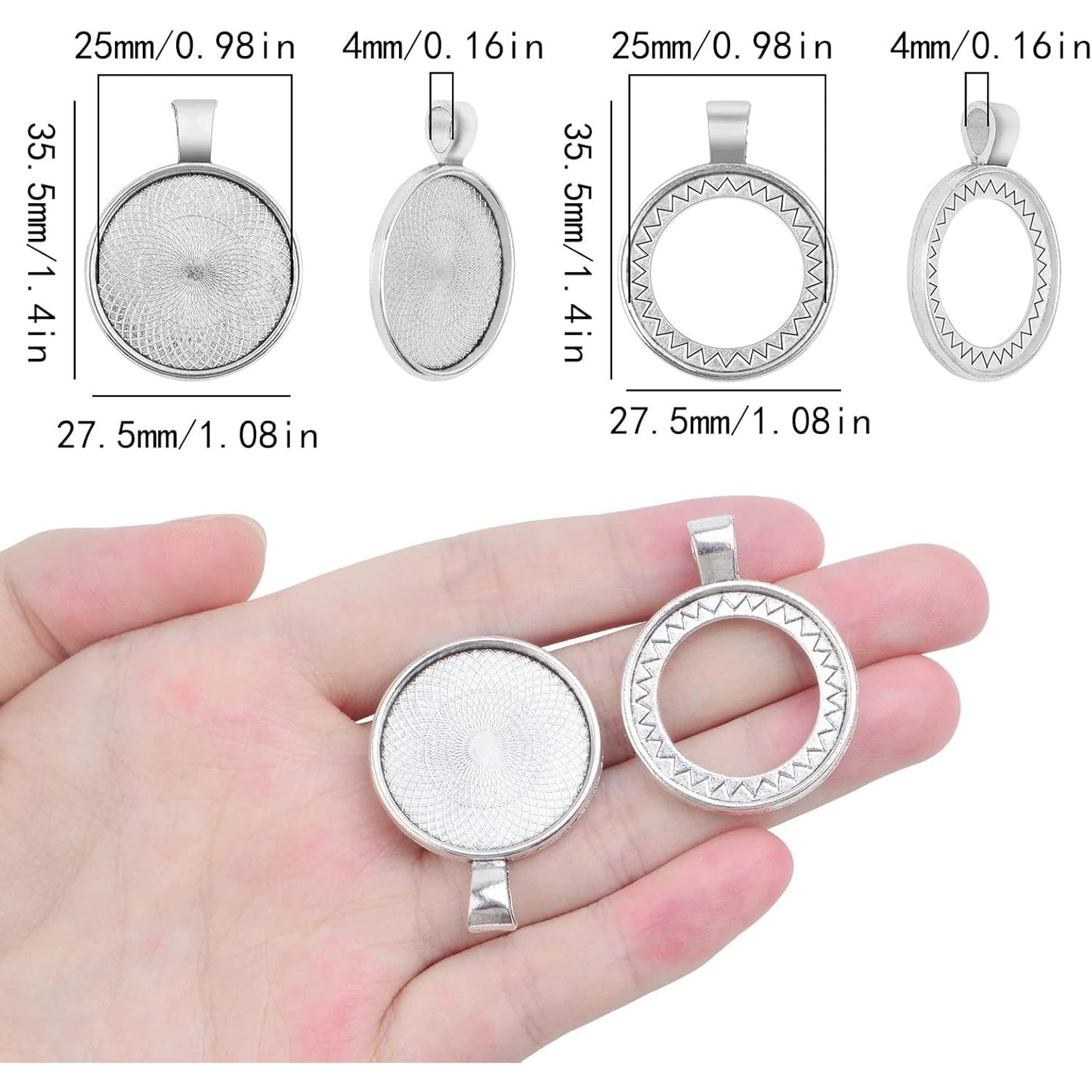 20pcs Antique Silver Round Bezel Pendant Trays Blank Base Cabochon Settings for DIY Photos Necklace Jewelry Making Crafting Supplies, 2 Styles, Inner Diameter: 25 mm